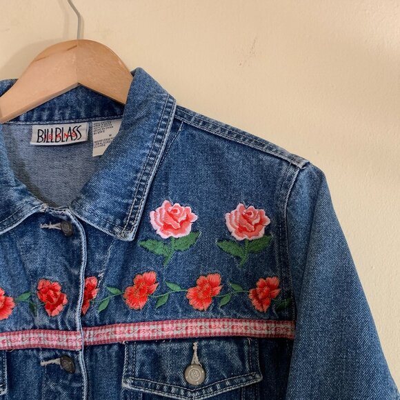 VTG 90s Embroidered Floral Denim Jacket by Bill Blass Women's Size M - Picture 2 of 6